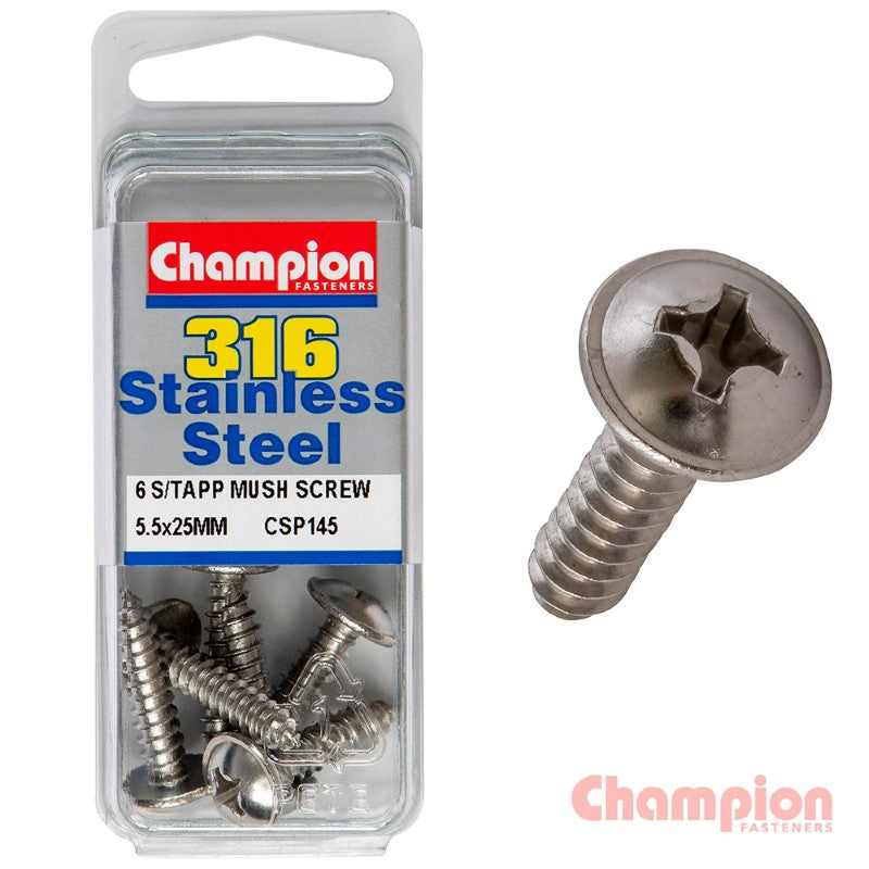 Mushroom head tapping screws, 5.5 x 25mm, made from marine-grade stainless steel, ideal for durable indoor and outdoor use.