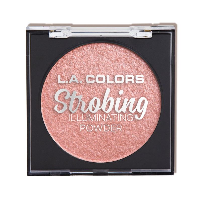 LA Colors Strobing Powder - Sunset Shine, a baked highlighter for radiant, sun-kissed skin, in a chic compact with sponge applicator.