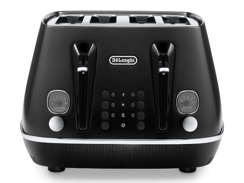 DeLonghi Distinta Moments 4 Slice Toaster in sleek black featuring dual controls, multiple functions, and removable crumb trays.