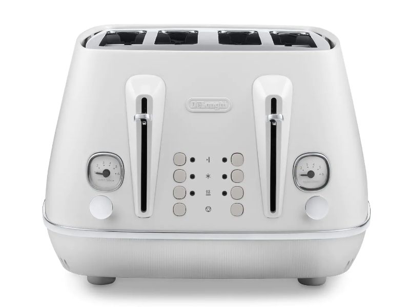 DeLonghi Distinta Moments 4 Slice Toaster in white with dual controls, 6 browning levels, and removable crumb trays.