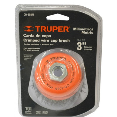 Wire Cup Brush Truper 75mm, crimped steel, M14 nut, ideal for metal cleaning, rust removal, and weld prep.
