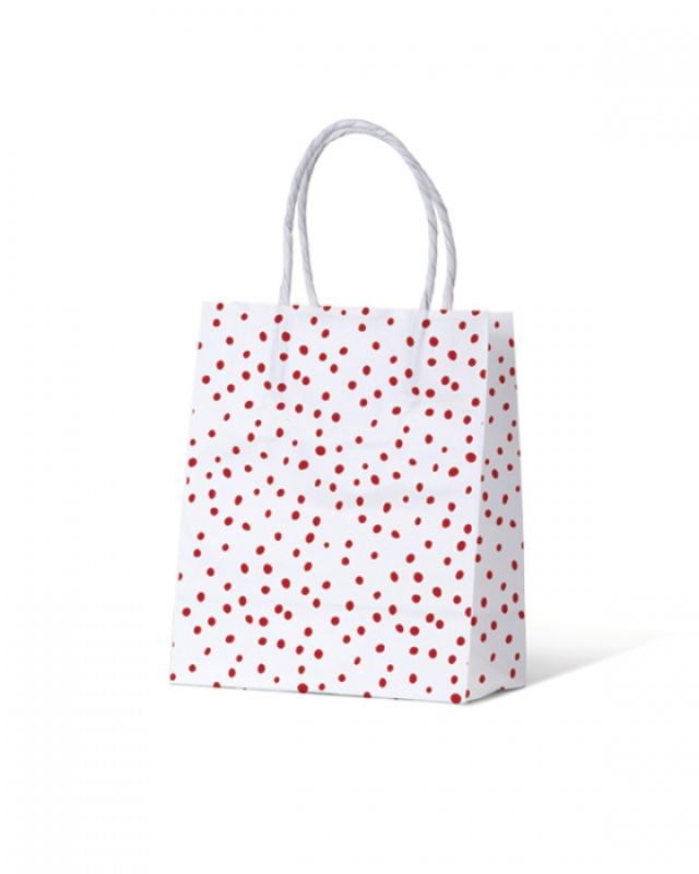 Bright confetti red paper bags on white, eco-friendly and durable, perfect for retail, gifts, and events. Pack of 100.