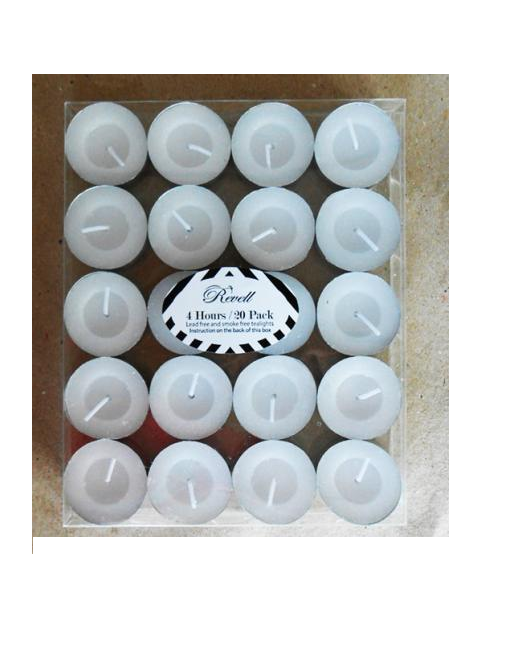 Set of 20 premium tealight candles with a 4-hour burn time, ideal for parties and home ambiance.