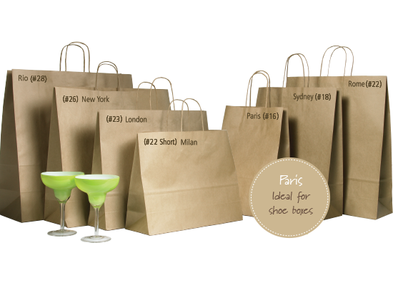 Natural twist handle paper bags, 300x380x120mm, eco-friendly, strong, 25-pack for gifts or retail use.