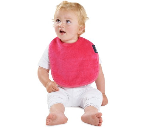 Cerise Standard Wonder Bib for babies, featuring super-absorbent fabric and water-resistant backing to keep clothes dry.