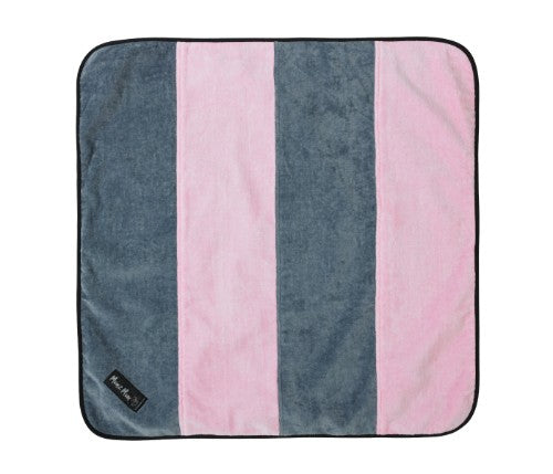 Portable baby changing mat in baby pink and grey, featuring a striped design and water-resistant backing for easy clean-ups.