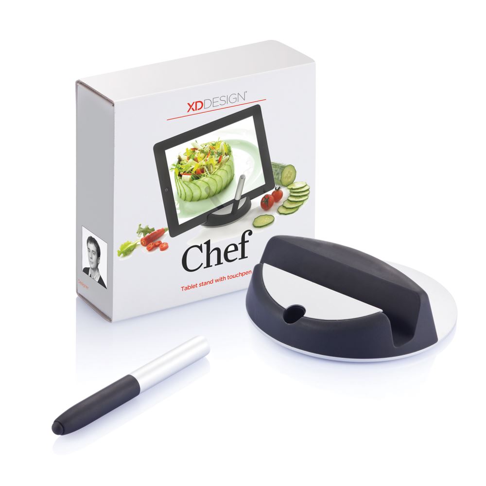 Stainless steel Chef Tablet Stand holding a tablet, ideal for following recipes in the kitchen without mess.