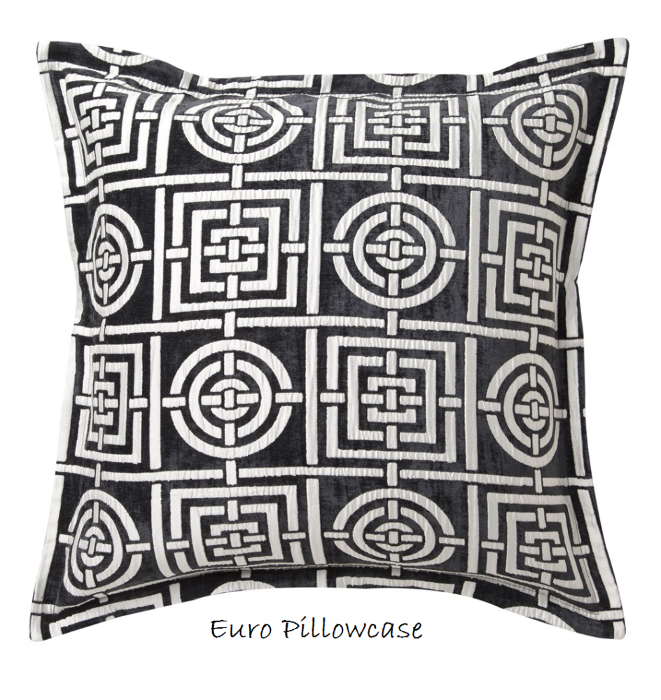 Queen duvet set featuring a bold charcoal geometric design with woven chenille texture and silver printed reverse.