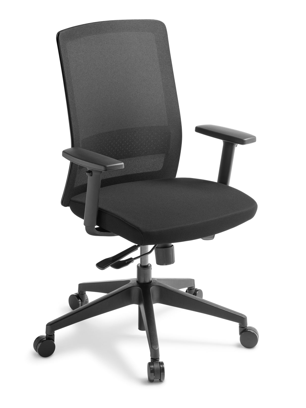 Ergonomic black office chair with high mesh back, adjustable lumbar support, and height-adjustable arms for comfort.
