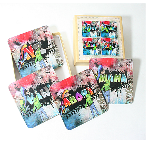 Set of 4 unique Graffiti Print coasters, stylishly showcasing New Zealand pride for any living space.