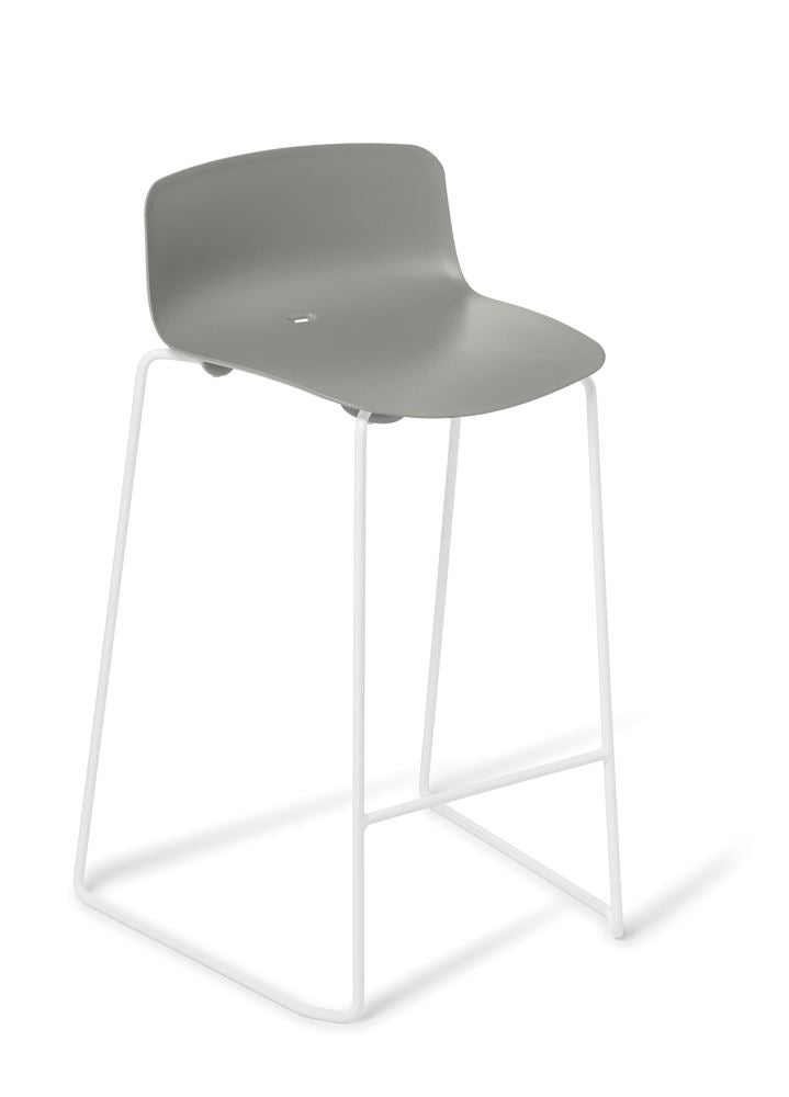 Contemporary grey kitchen stool with a sleek sled frame, stackable design, suitable for indoor and outdoor use.