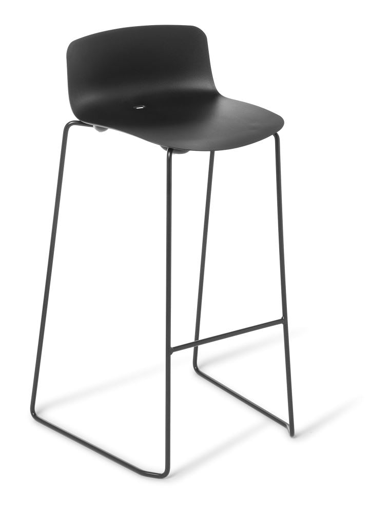 Modern black bar stool with a sleek sled frame, stackable design, and durable matte finish for indoor/outdoor use.