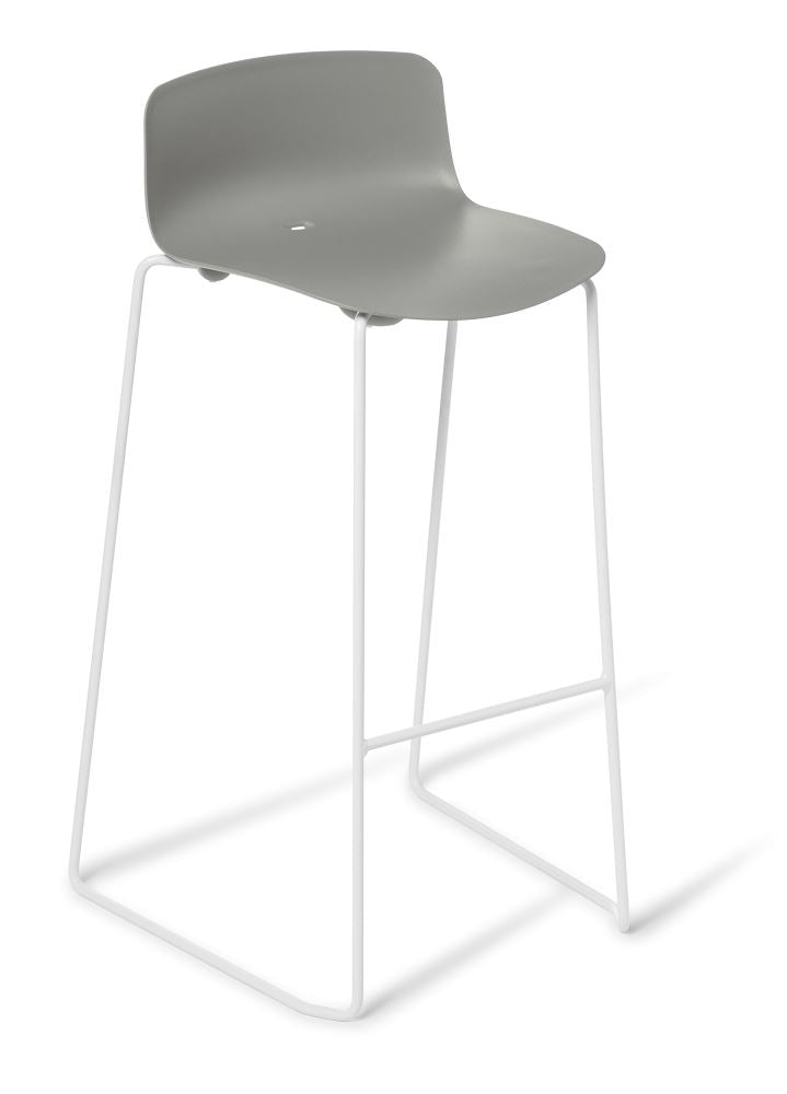 Coco Bar Stool in grey with a sleek sled frame and stackable design, ideal for indoor and outdoor settings.
