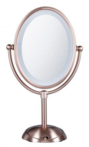 Rose gold LED lighted mirror with 360° rotation, 7x magnification, and sleek oval design for perfect makeup application.