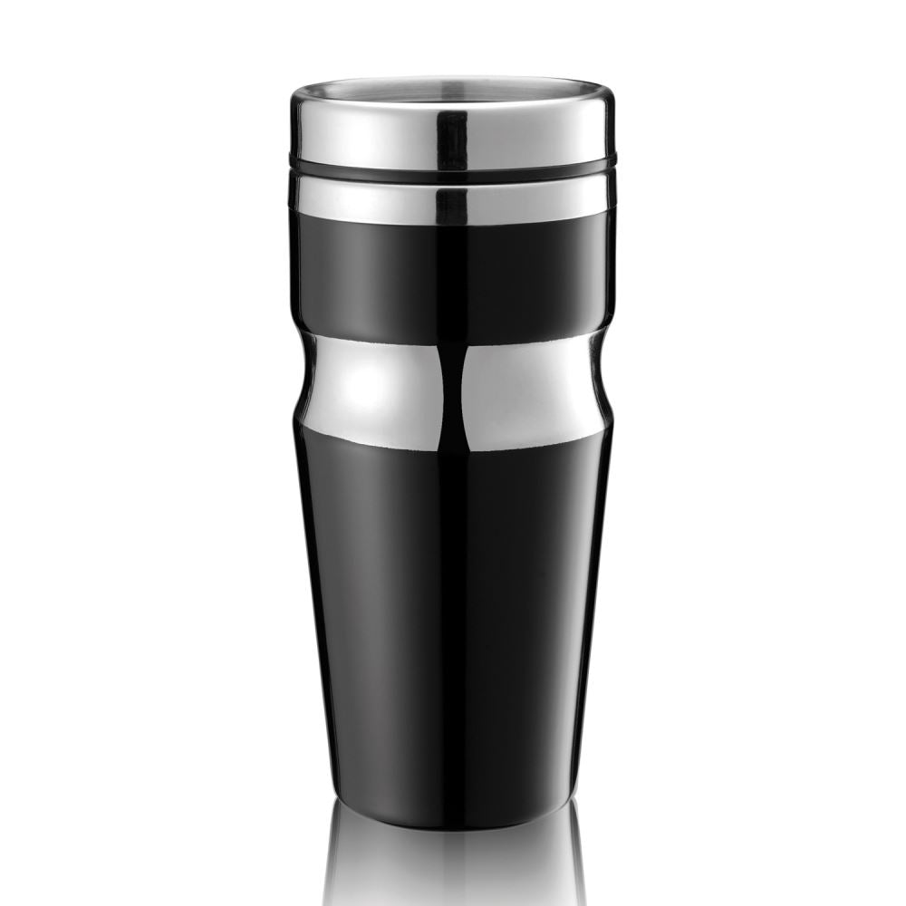 Sleek black double wall thermal tumbler with chrome accents, designed for hot or cold drinks. Perfect for on-the-go enjoyment.