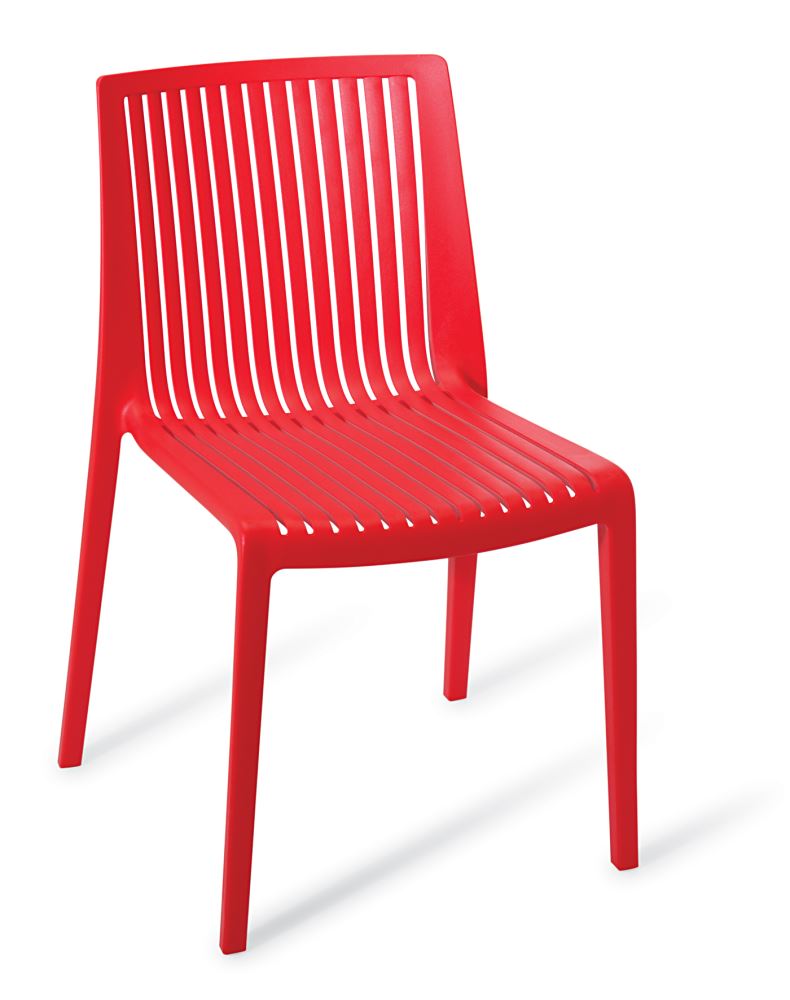 Vibrant red stackable outdoor chair with sturdy polypropylene structure, designed for comfort and UV resistance.