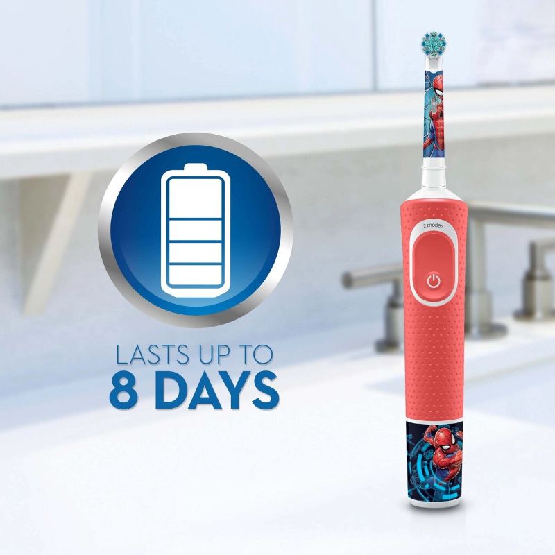 Electric toothbrush for kids featuring Spiderman design, soft bristles, and a fun timer app for effective plaque removal.