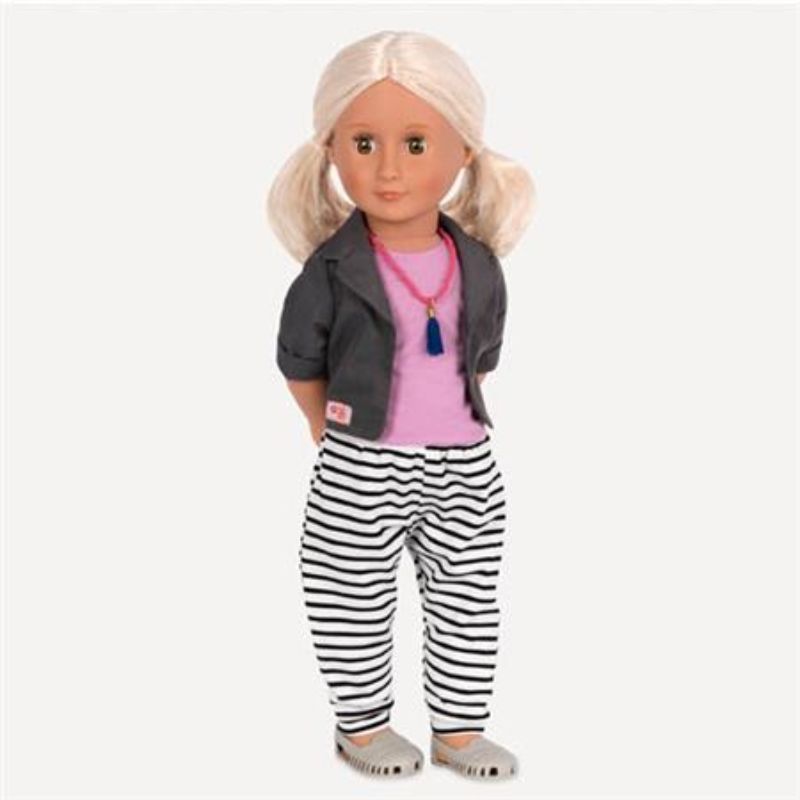 18-inch Our Generation doll Jesse in trendy outfit, complete with jacket, tank top, pants, sandals, and necklace for imaginative play.