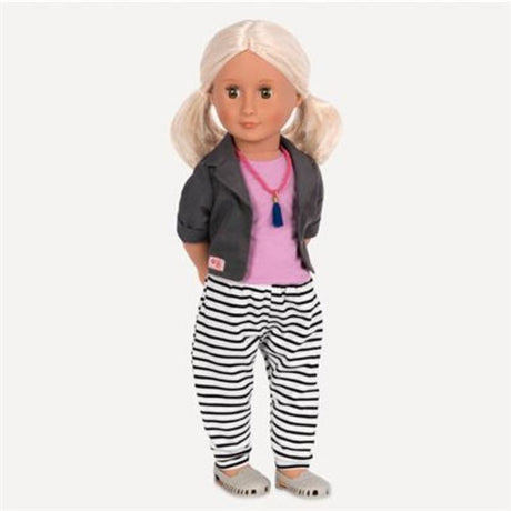 18-inch Our Generation doll Jesse in trendy outfit, complete with jacket, tank top, pants, sandals, and necklace for imaginative play.