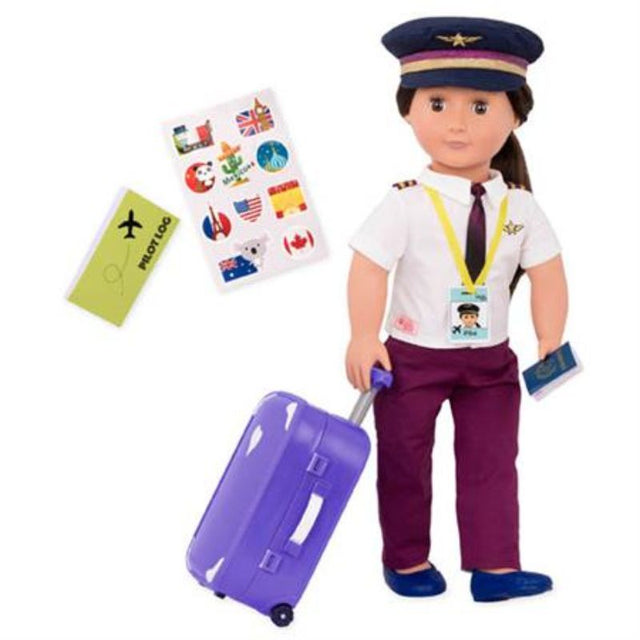 18" professional doll Kaihily in pilot outfit with accessories, inspiring imaginative play and adventures for children aged 3 and up.