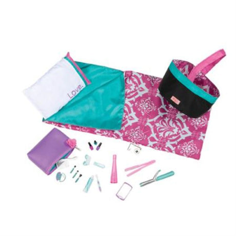 OG Sleepover Party accessory set featuring a sleeping bag, cosmetics, digital camera, headphones, and more for imaginative play.