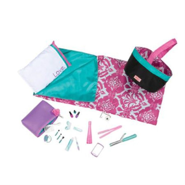 OG Sleepover Party accessory set featuring a sleeping bag, cosmetics, digital camera, headphones, and more for imaginative play.