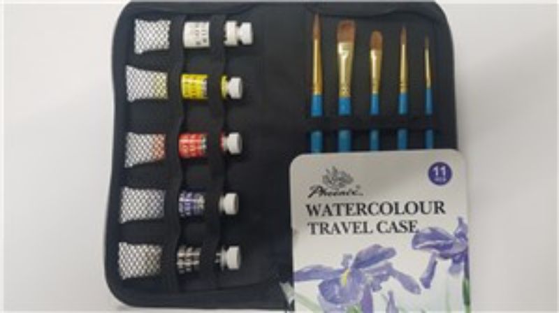 Phoenix Watercolour Travel Set featuring 5 vibrant paints, 5 brushes, and a durable storage bag for artists on the go.