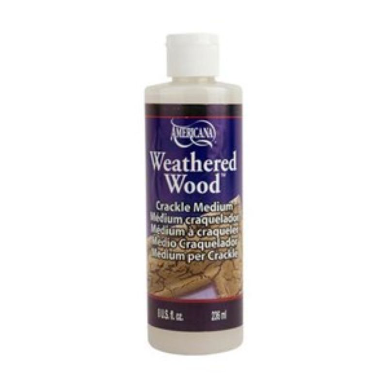 Bottle of DECOART 8oz Weathered Wood Medium for creating aged, cracked, and distressed wood finishes on craft projects.