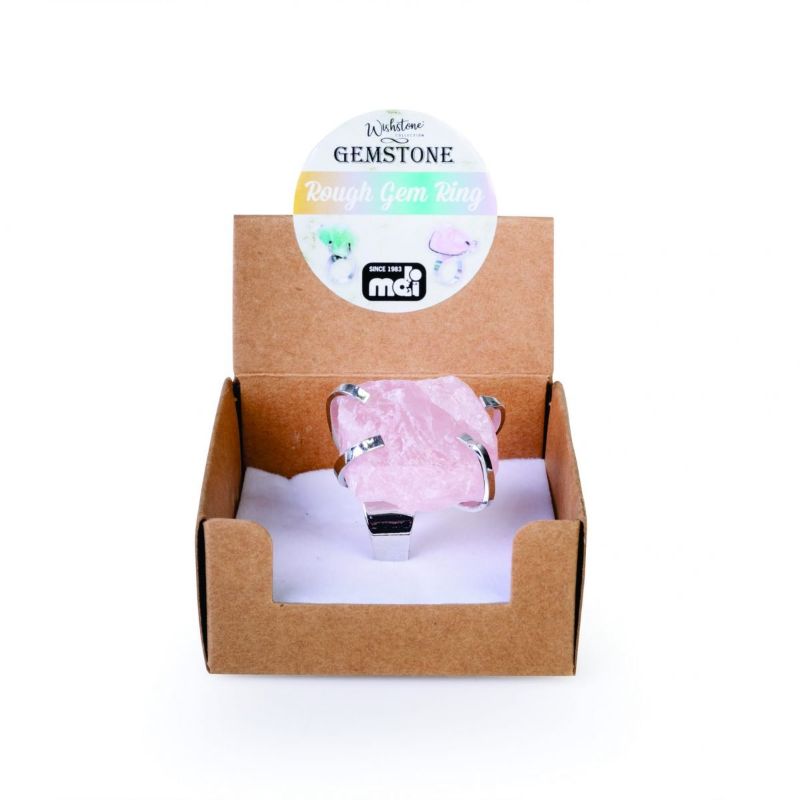 Assorted gemstone rough rings in pastel colors with intricate filigree design on durable silver bands. Box of 48 units.