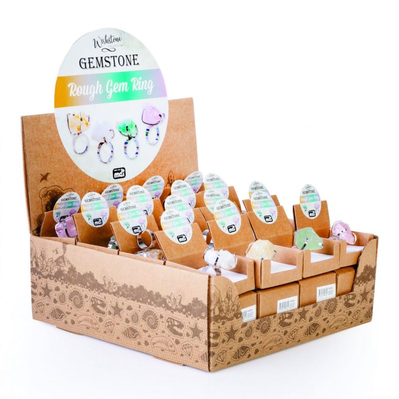 Assorted gemstone rough filigree rings in pastel colors, featuring silver bands and secure settings, ideal for unique jewelry collections.