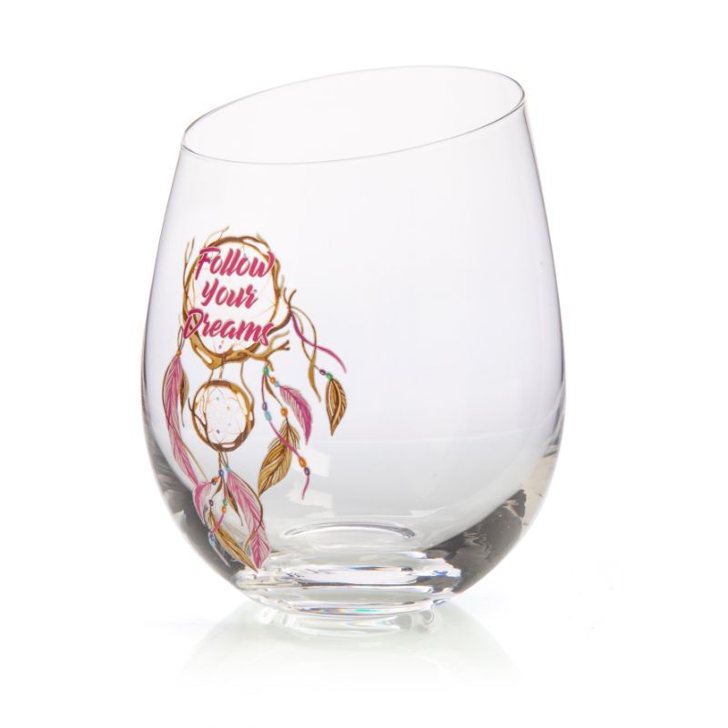 Hand-blown stemless wine glass with a dreamcatcher design, 12.5cm tall, enhances wine aeration and experience.