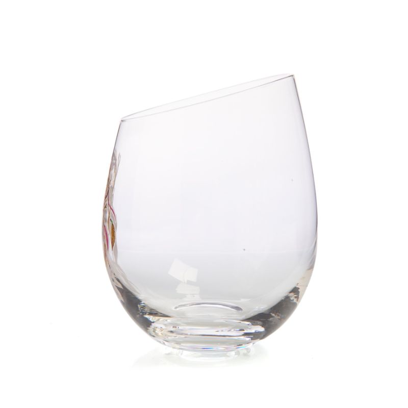 Hand-blown stemless wine glass with a dreamcatcher design, 12.5cm tall, enhances wine aeration and style.