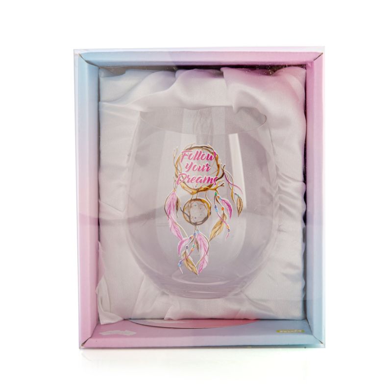 Hand-blown stemless wine glass featuring a dreamcatcher design, 12.5cm tall, perfect for enhancing wine aromas.