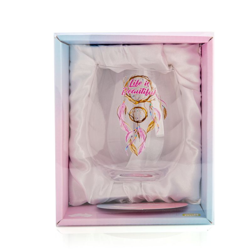 Hand-blown stemless wine glass with whimsical dreamcatcher design, ideal for aerating and enjoying favorite beverages.