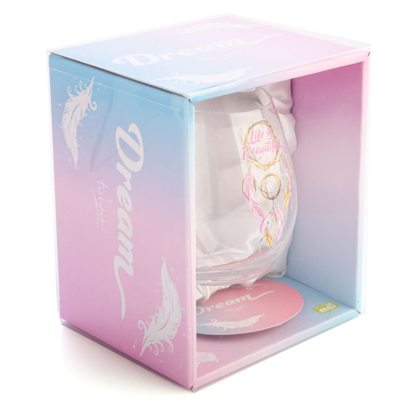 Hand-blown stemless wine glass with a dreamcatcher design and angled rim for aerating wine, 12.5 cm tall.