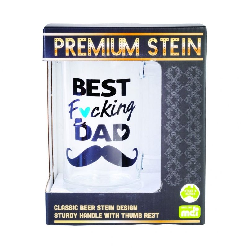 Beer stein with "Best F*cking Dad" decal and moustache silhouette, holding 450mL for dad's favorite drinks.