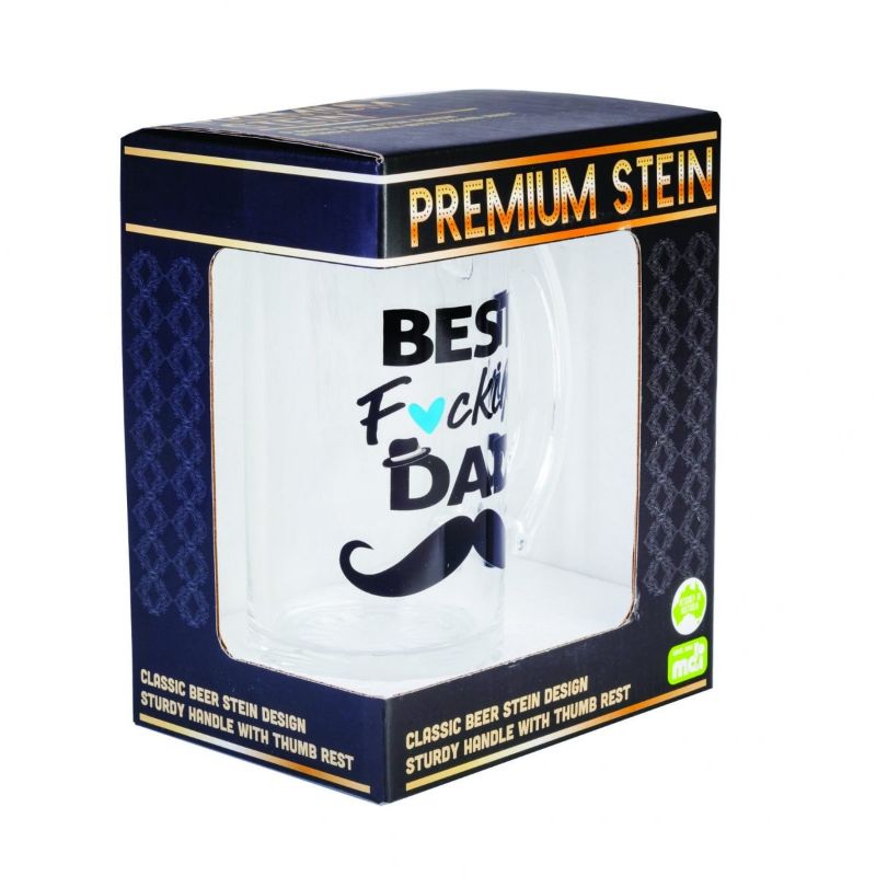 Cheeky Best F*cking Dad beer stein with a bold decal and 450mL capacity, perfect for celebrating dad's special moments.