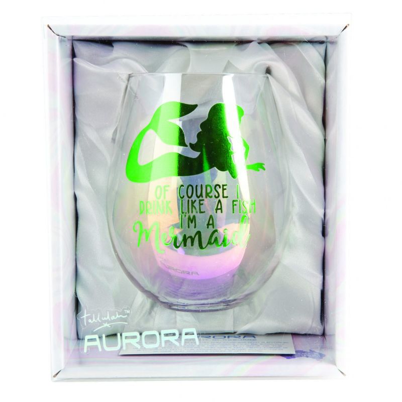 Hand-blown stemless wine glass with iridescent sheen and mermaid decal, perfect for ocean-themed gatherings.
