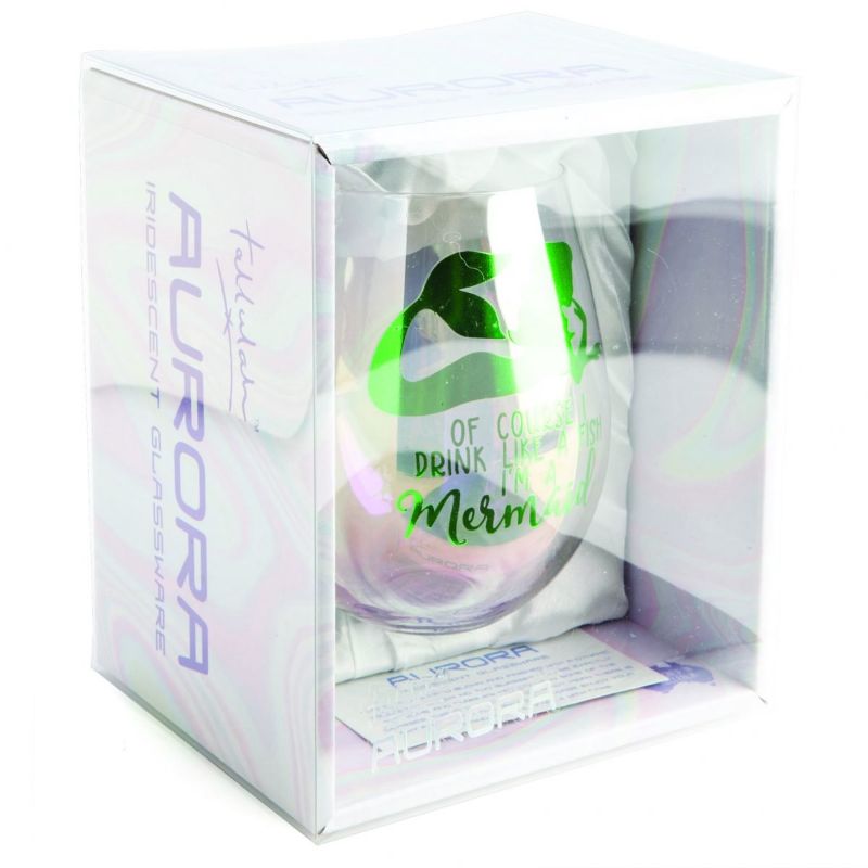 Stemless wine glass with iridescent sheen and mermaid design, featuring playful "drink like a fish" text. Perfect for mermaid lovers.