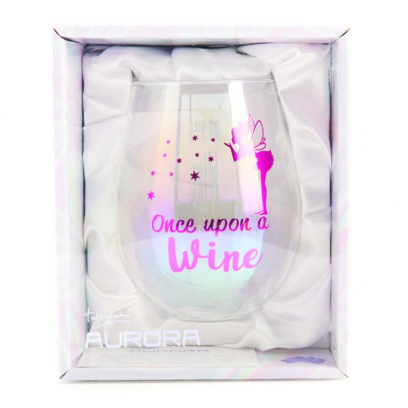 Hand-blown stemless wine glass with iridescent sheen, fairy design, and 'Once Upon a Wine' text; perfect for elegant gatherings.