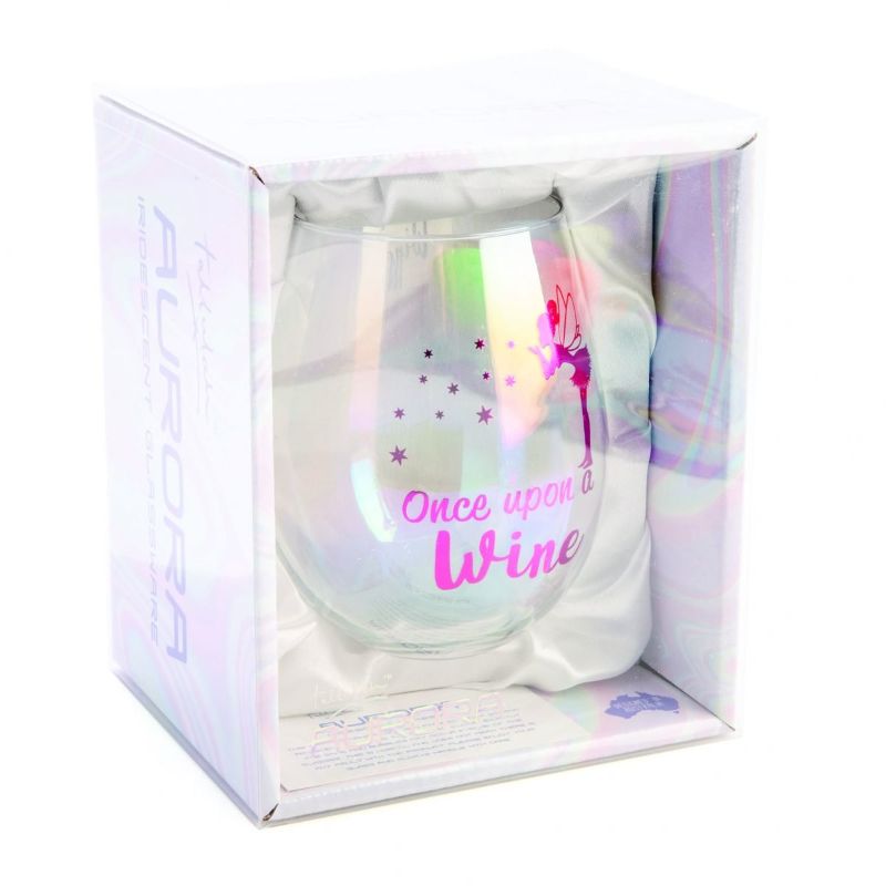 Hand-blown stemless wine glass with iridescent sheen, metallic pink fairy decal, and "Once Upon a Wine" text.