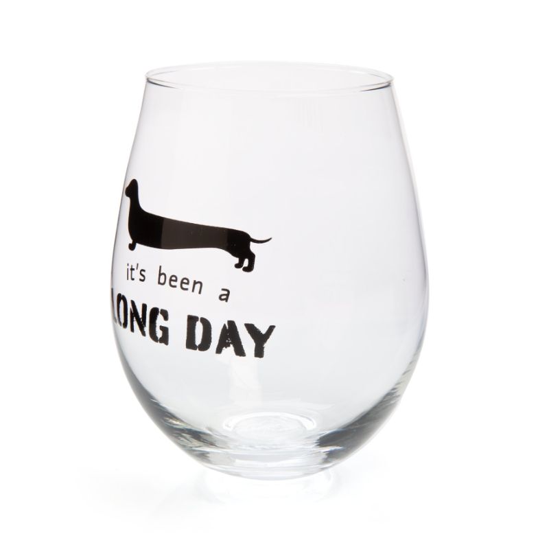Hand-blown stemless wine glass with a dachshund silhouette and punny phrase, perfect for dog lovers and wine enthusiasts.