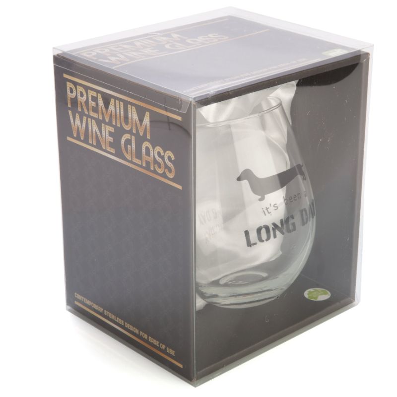 Hand-blown stemless wine glass with dachshund silhouette and pun, perfect for dog lovers and wine enthusiasts.