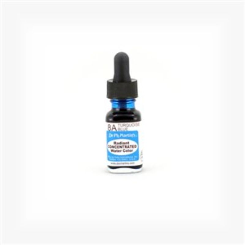 Dr. Ph. Martin's 0.5oz Turquoise Blue watercolour ink in a glass bottle with eyedropper, ideal for vibrant art projects.