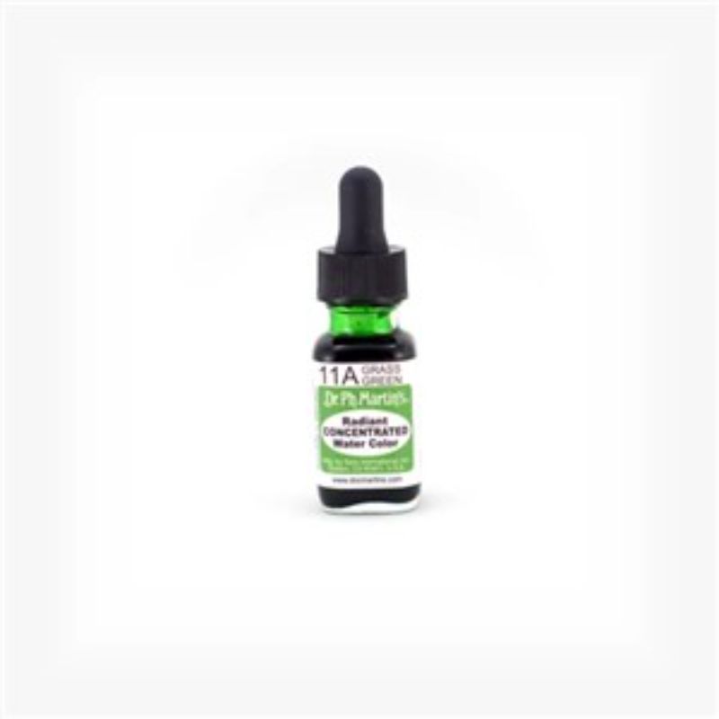 Dr. Ph. Martin's 0.5oz GRASS GREEN watercolor in a glass bottle with eyedropper, perfect for vibrant art and landscapes.