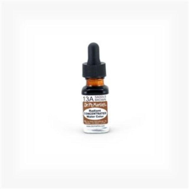 Dr. Ph. Martin's 0.5oz Saddle Brown water color in a glass bottle with eyedropper, perfect for vibrant art and airbrushing.