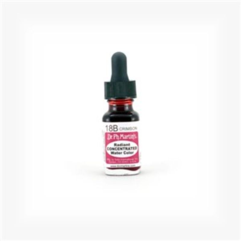 Dr. Ph. Martin's CRIMSON water color in a 0.5 oz bottle with eyedropper, ideal for vibrant graphic arts and airbrushing.