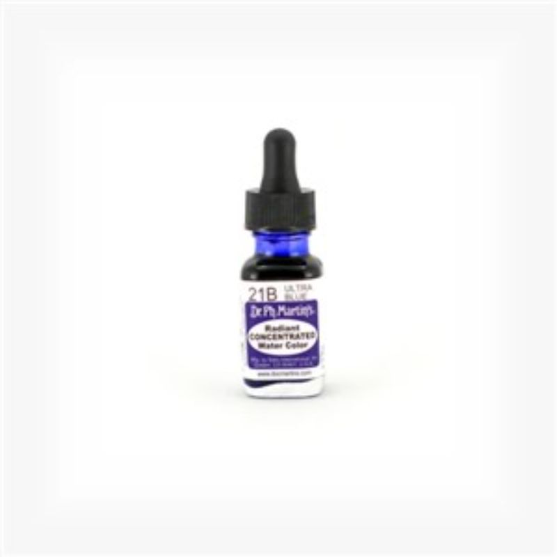 Dr. Ph. Martin's 0.5oz ULTRA BLUE water colour in a glass bottle with eyedropper for vibrant art and precise color mixing.