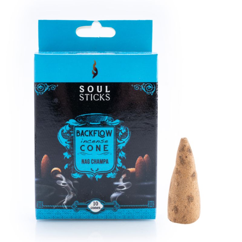 Backflow incense cones in Nag Champa scent, perfect for aromatherapy and meditation, designed for mesmerizing downward smoke display.