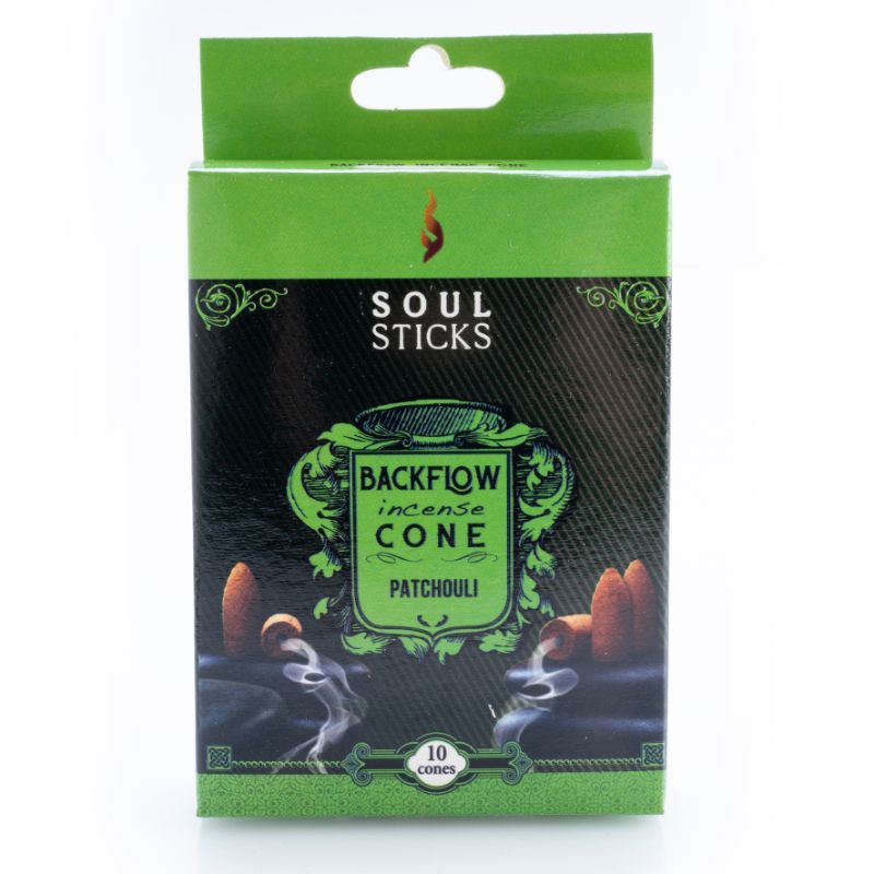 Backflow incense cones in patchouli scent, creating cascading smoke effects for aromatherapy and meditation.